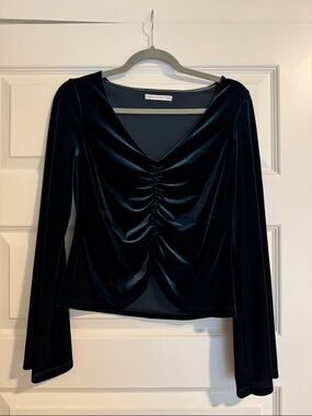 Urban Outfitters Emerald Velvet Ruched V-Neck Long Sleeve Top